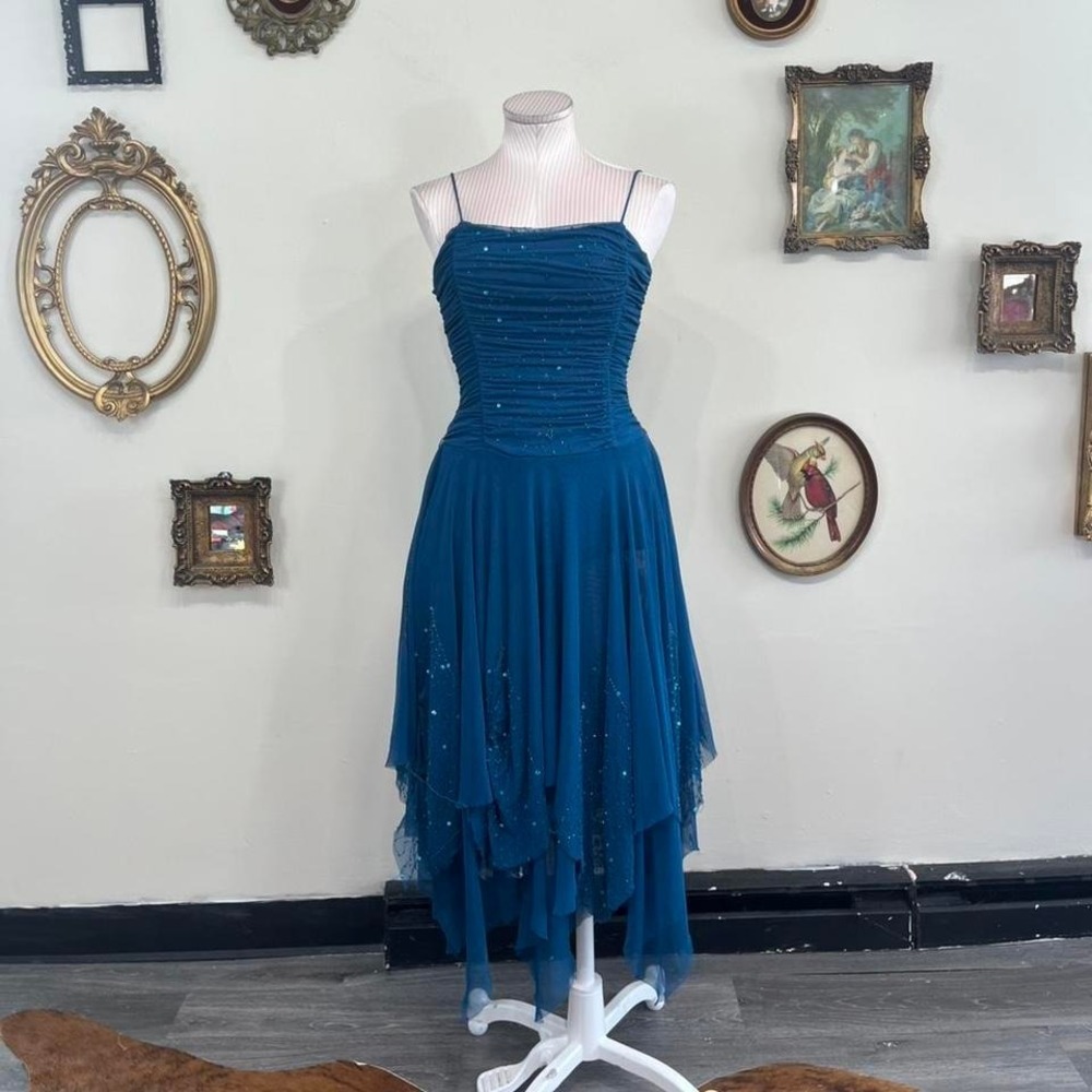 Vintage Ariella Teal Beaded Chiffon Dress Ruched Bodice Fairycore Evening Dress